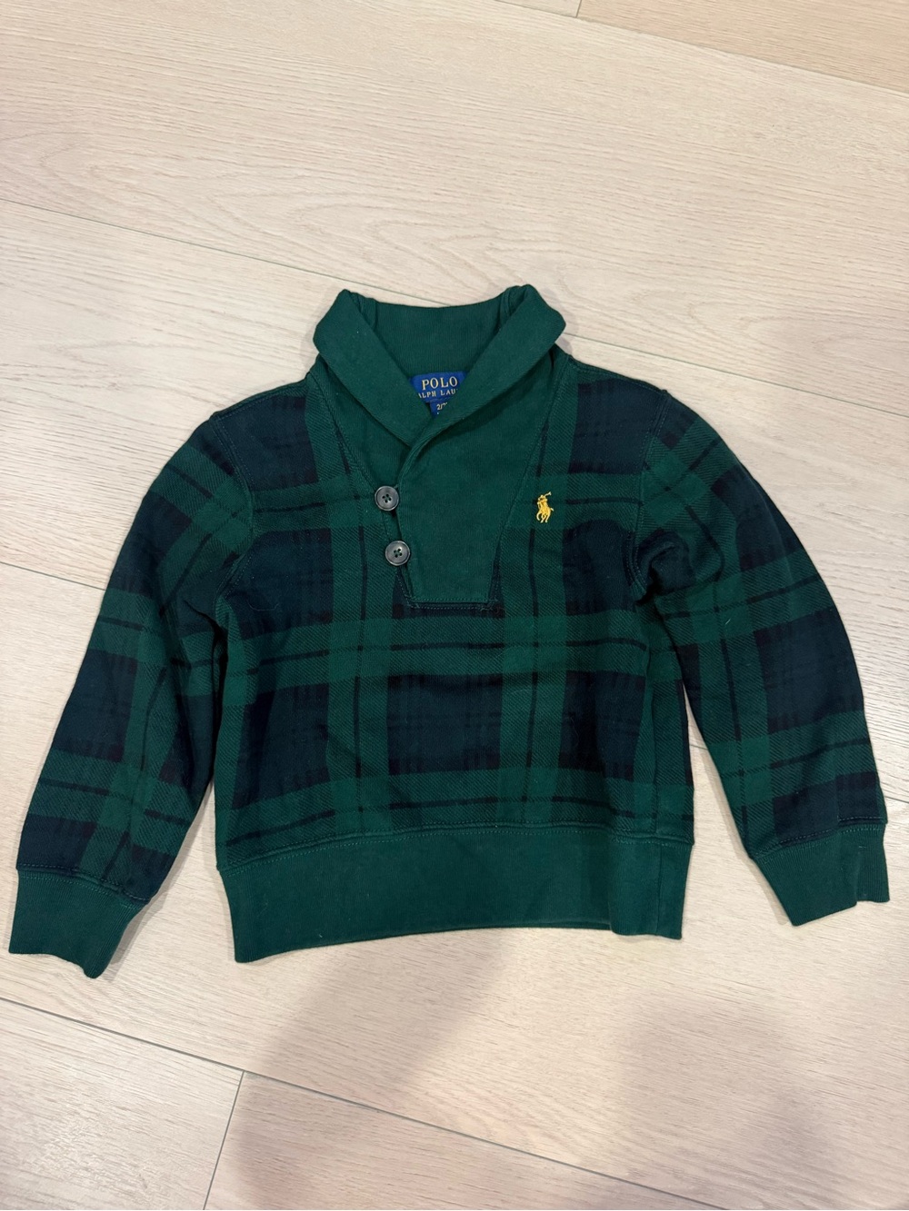 Polo by Ralph Lauren Green and Navy Tartan Plaid Shawl-Collar Kids Sweater | 2T